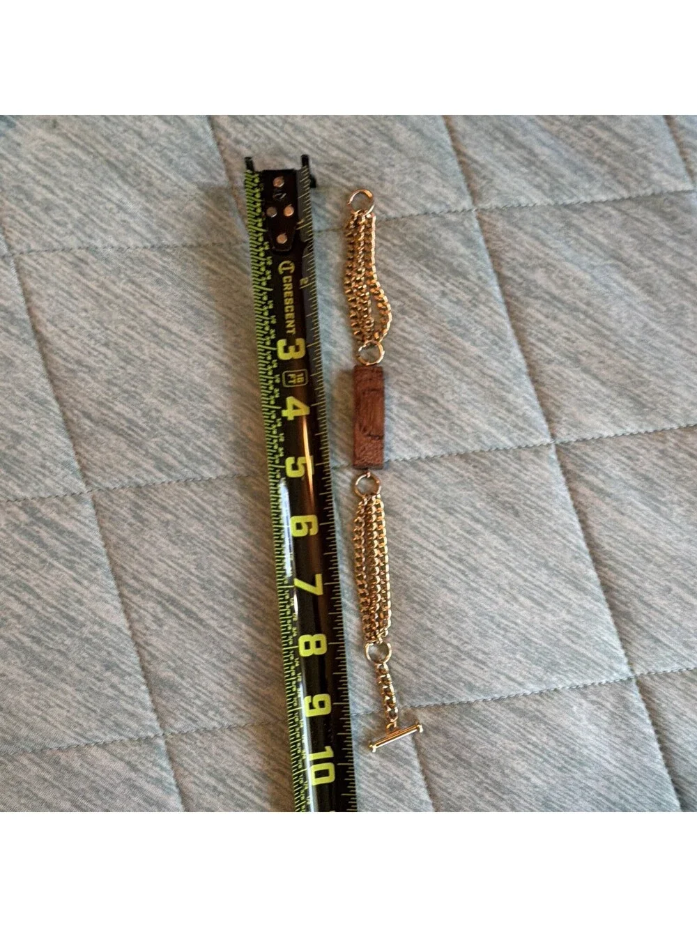Gold Tone Multi Chain Bracelet Wood Bar Accent Toggle Clasp Boho Statement